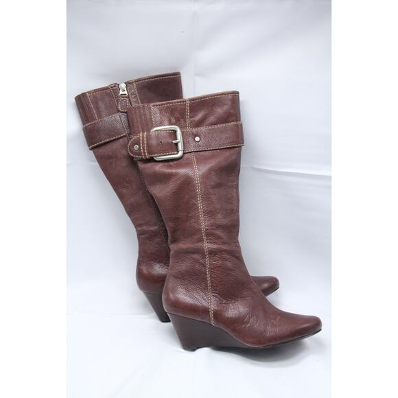 Fossil Maddox Boots Womens 7.5 Buckle Wedge Tall Zip Brown Pebble Grain Leather - Picture 5 of 8